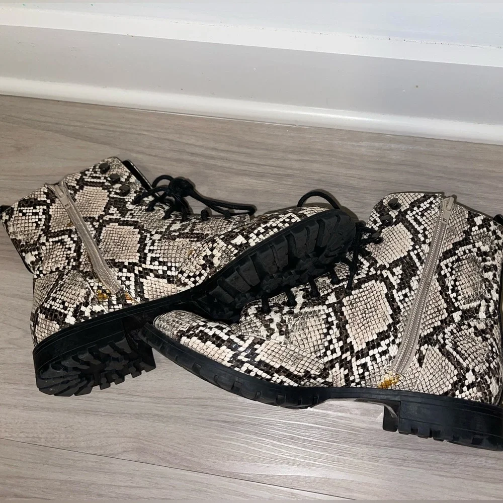 Express snakeskin combat booties. Rhinestone embellishing around sole. - Picture 9 of 10